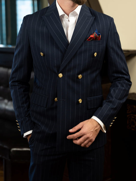 (product) Costum Barbati Bleumarin Dungi la Doua Randuri de nasturi Tailored Fit Cfg322