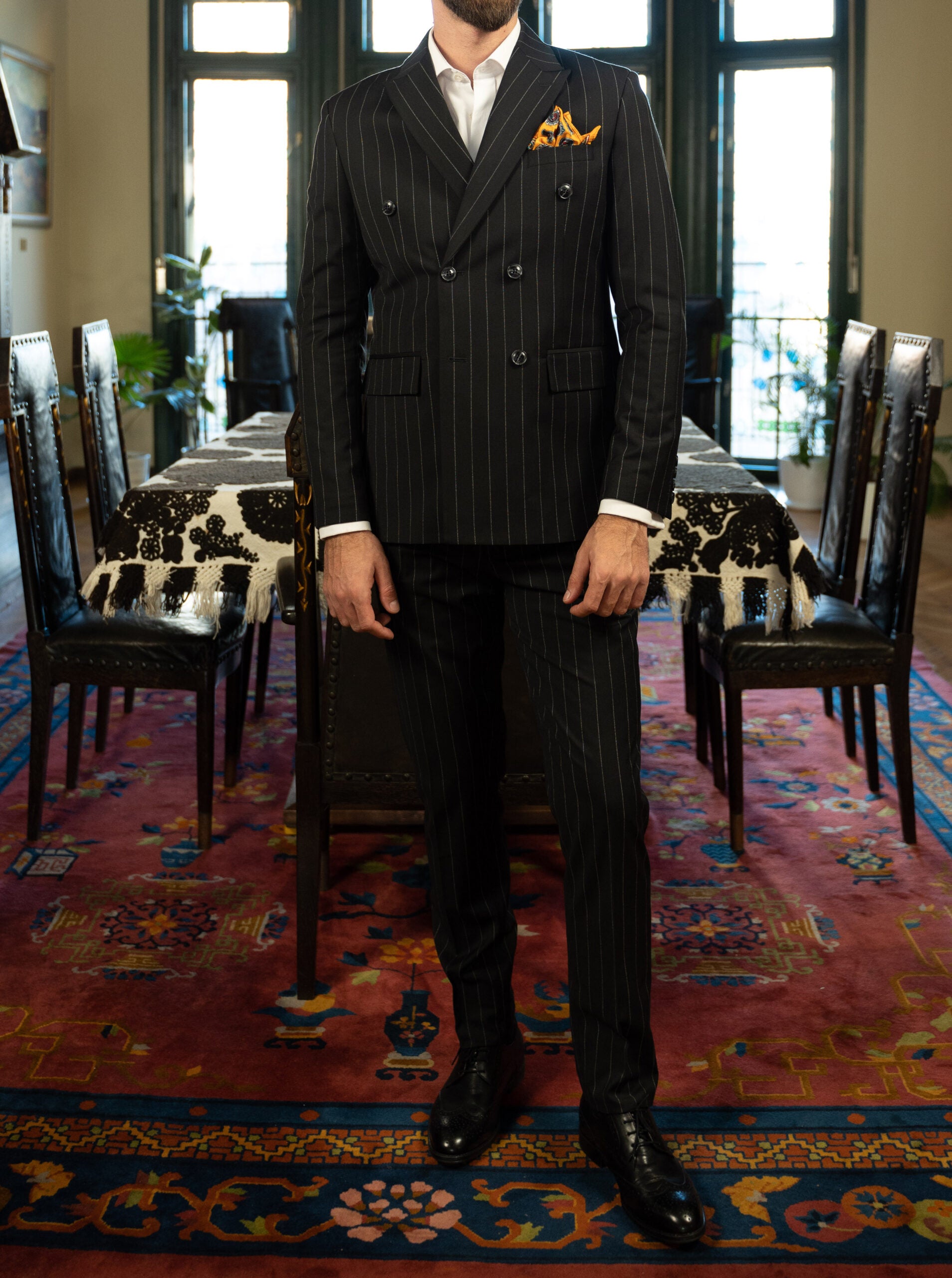 (product) Costum Barbati Negru Dungi la Doua Randuri de nasturi Tailored Fit Cfg321