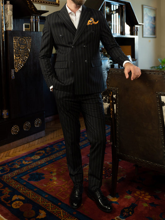 (product) Costum Barbati Negru Dungi la Doua Randuri de nasturi Tailored Fit Cfg321