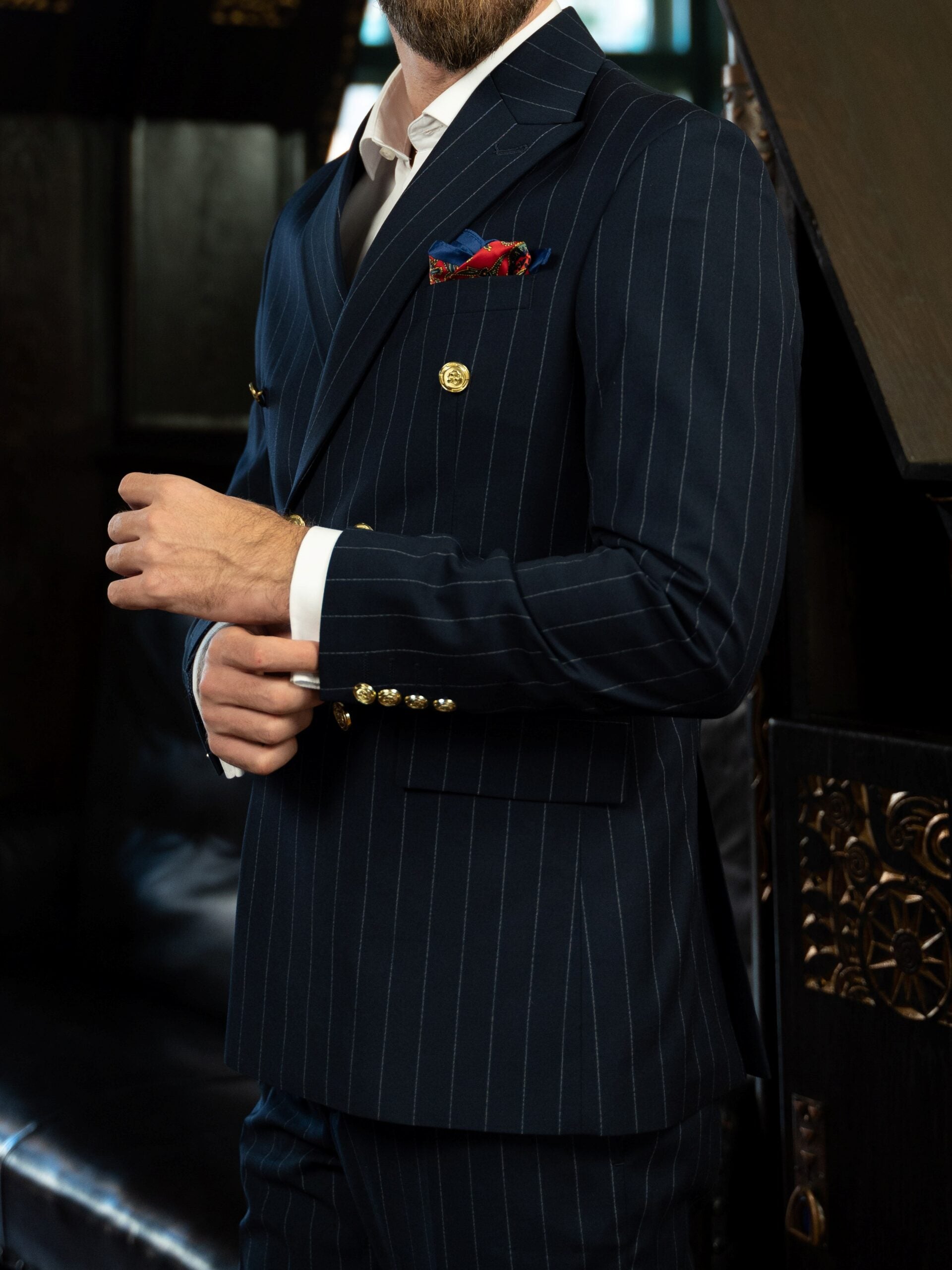(product) Costum Barbati Bleumarin Dungi la Doua Randuri de nasturi Tailored Fit Cfg322