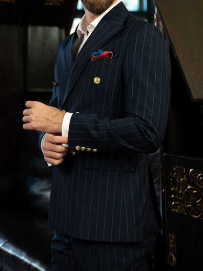 (product) Costum Barbati Bleumarin Dungi la Doua Randuri de nasturi Tailored Fit Cfg322