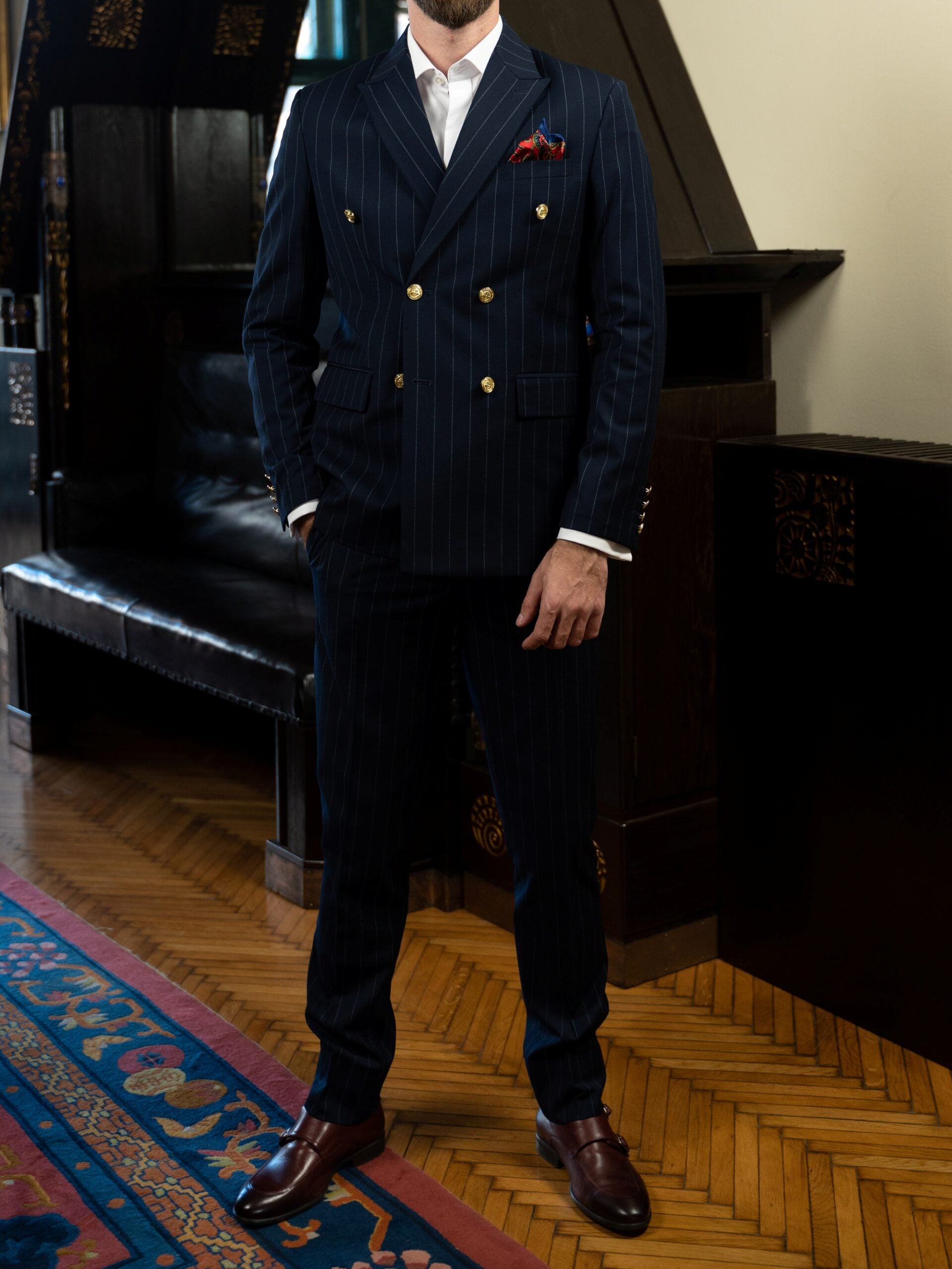 (product) Costum Barbati Bleumarin Dungi la Doua Randuri de nasturi Tailored Fit Cfg322