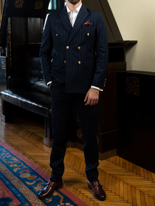 (product) Costum Barbati Bleumarin Dungi la Doua Randuri de nasturi Tailored Fit Cfg322