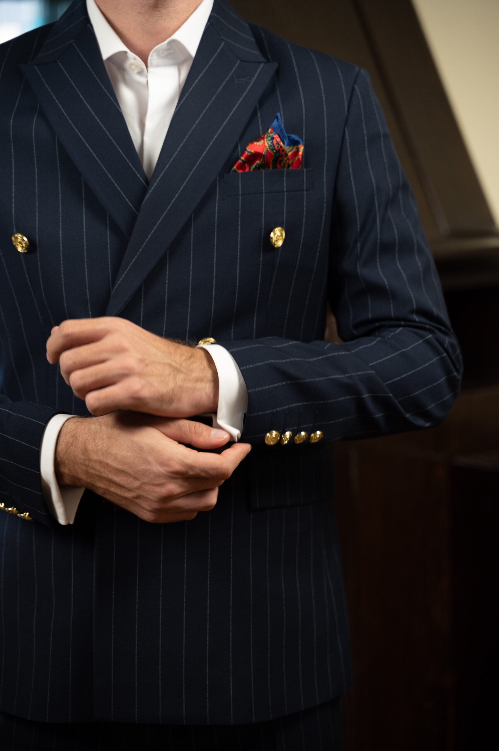(product) Costum Barbati Bleumarin Dungi la Doua Randuri de nasturi Tailored Fit Cfg322
