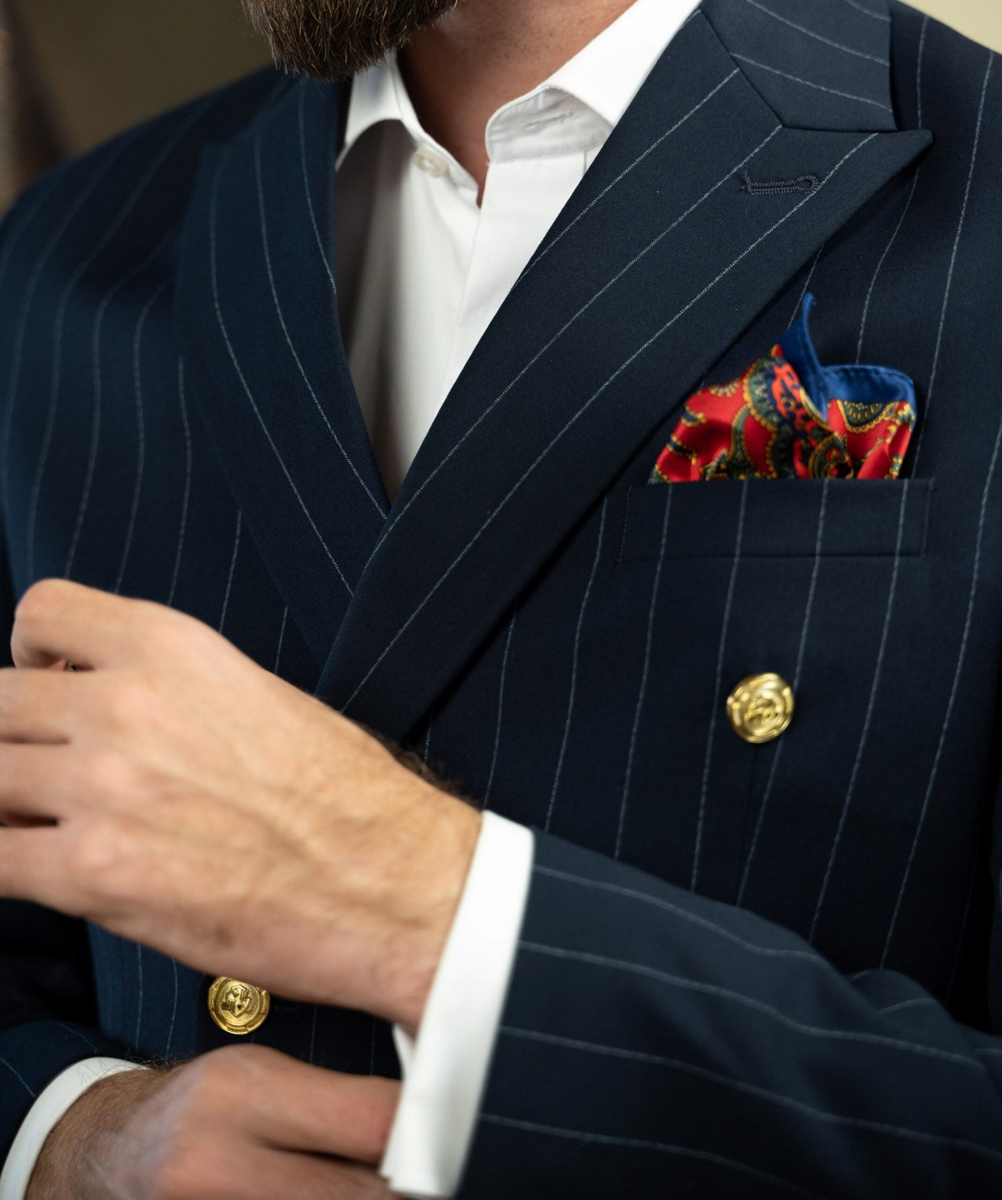 (product) Costum Barbati Bleumarin Dungi la Doua Randuri de nasturi Tailored Fit Cfg322