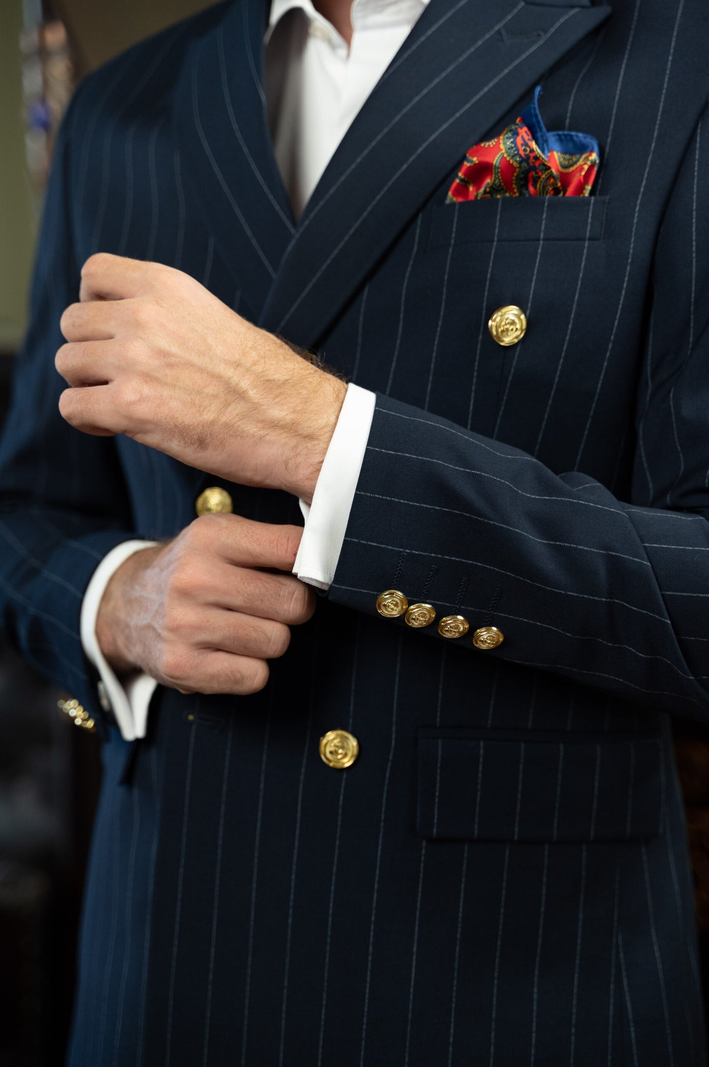 (product) Costum Barbati Bleumarin Dungi la Doua Randuri de nasturi Tailored Fit Cfg322